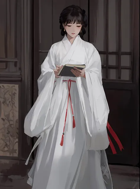 arafed woman in a white dress holding a book, white hanfu, flowing white robes, Hanfu, flowing white robes, palace , a girl in hanfu, Flowing robes, wearing flowing robes, flowing magical robe, flowing hair and long robes, white daoist robes, ancient white...