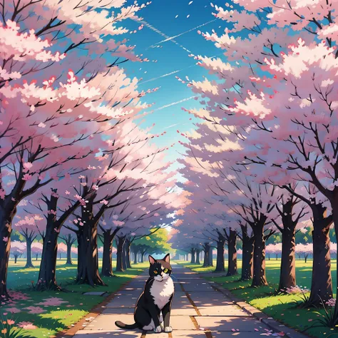 Cat standing in the middle of a row of cherry blossom trees Illustration