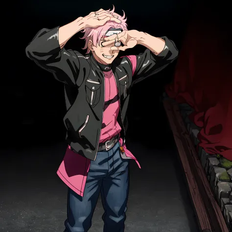 (masterpiece) (8k) (best quality) spikey pink hair, pink hair, sharp white-out eyes, white sharp eyes, sharp features, 1boy, hidden stone village headband, Naruto stone village headband, Masashi Kishimoto style, low exposure, glowing pink hair, black backg...