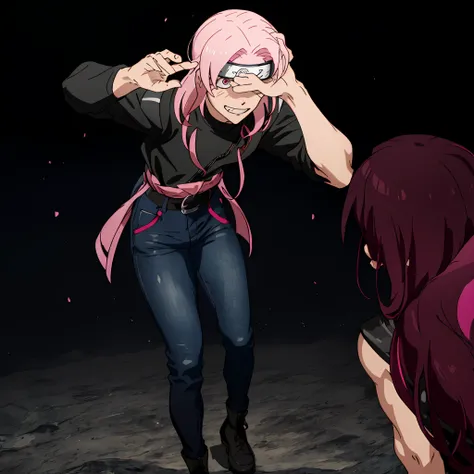 (masterpiece) (8k) (best quality) spikey pink hair, pink hair, sharp white-out eyes, white sharp eyes, sharp features, 1boy, hidden stone village headband, Naruto stone village headband, Masashi Kishimoto style, low exposure, glowing pink hair, black backg...