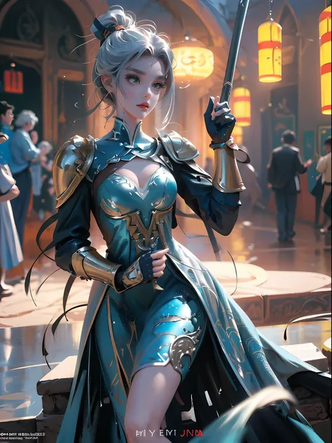 close-up of Britney Spears in a silver and blue dress, chengwei pan on artstation, by Yang J, detailed fantasy art, stunning character art, fanart best artstation, epic and exquisite character art, beautiful armor, extremely detailed art, detailed digital ...