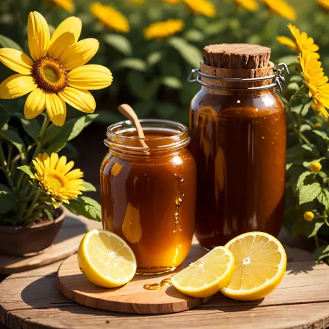 honey and lemon, dripping honey, high quality, high resolution, yellow, daisy flowers, lemon, lemon blossom, transparent honey