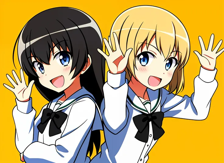 Two girls, black-haired loli and blonde teacher wave
