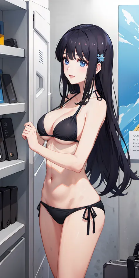 masterpiece, best quality, ultra-detailed, illustration,1girl,
long hair, black hair,
medium breast, side tie bikini, excited,