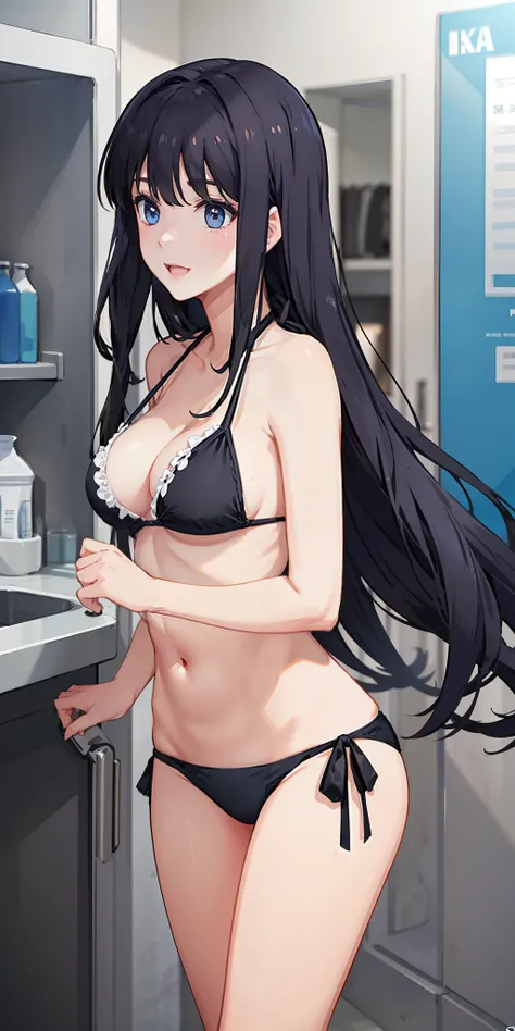 masterpiece, best quality, ultra-detailed, illustration,1girl,
long hair, black hair,
medium breast, side tie bikini, excited,
