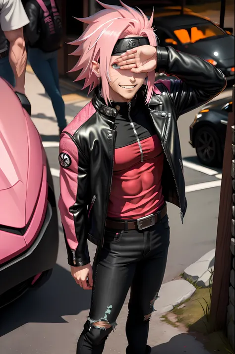 (masterpiece) (8k) (best quality) spikey pink hair, pink hair, sharp white-out eyes, white sharp eyes, sharp features, 1boy, hidden stone village headband, Naruto stone village headband, Masashi Kishimoto style, low exposure, glowing pink hair, black backg...