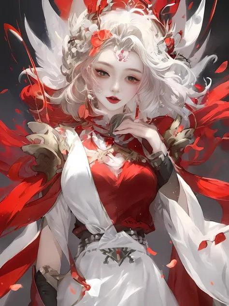 a close up of a woman in a red and white dress, guweiz, white haired deity, ((a beautiful fantasy empress)), a beautiful fantasy...