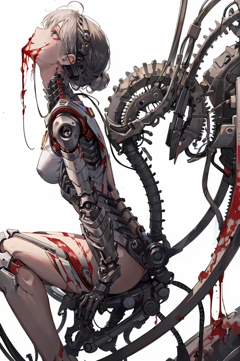 arafed woman sitting on a machine with blood on her body, cracked. biomechanical cyborg, biomechanical oppai, broken beautiful f...