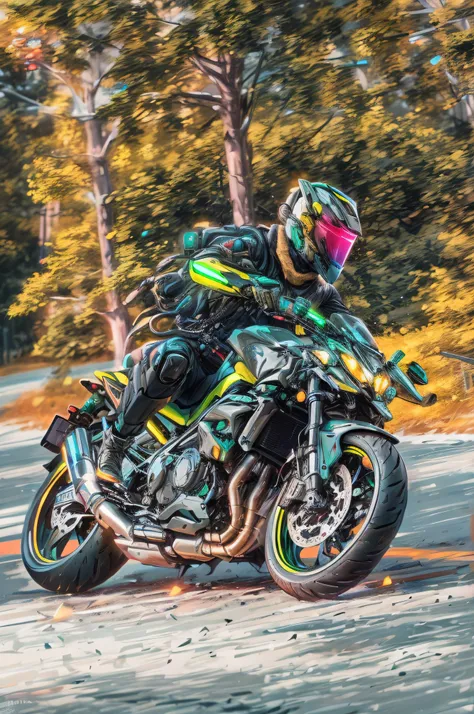 1 guy, a black and green motorcycle, black helmet, (reflective windshield:1.2), solo,
the mech, mech clothes, neon lights, green...