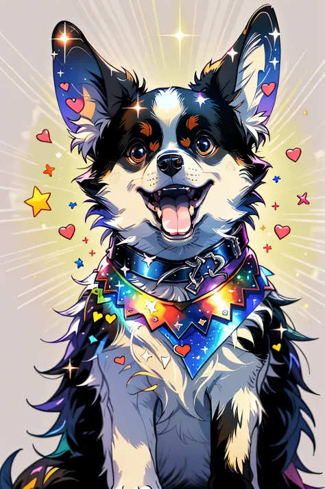 niji is proud， solo， smiles， opened mouth， tails， heart， tongue， tongue out， stars （symbol）， collar， no human， sparkle， fang， lo...