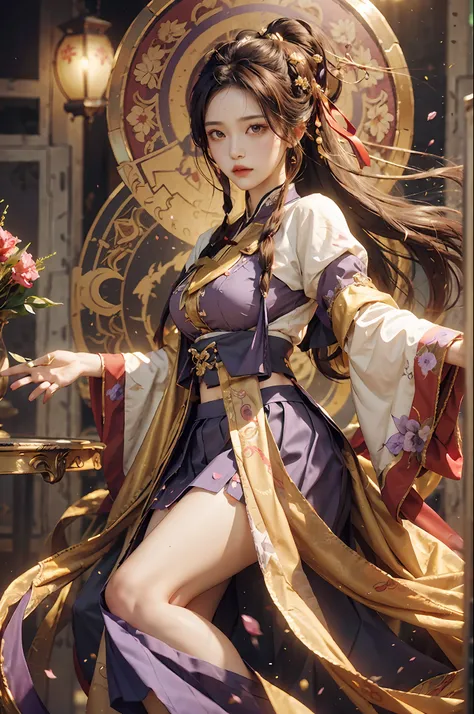 Superb Quality, Masterpiece, High Resolution, (Exquisite Body: 1.5), Stunning Beauty, (Milky Skin: 1.3), Exquisite Details, High Resolution, Wallpaper, 1 Woman, Solo, Dress, Hair Accessories, (((Golden Purple Skirt)) ), Flower, Long Hair, Brown Hair, Shut ...
