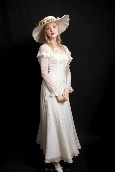 arapei wore a white dress，a hat with a bouquet of flowers, wearing 1890s era clothes, 1 9 1 0 s style, victorian style costume, ...