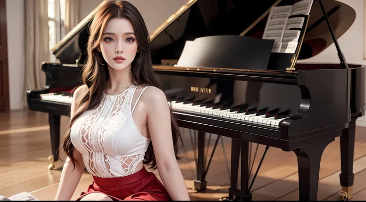 beautiful lighting, real life, beautiful 25 years old women, wear red color maxi skirt, stand beside piano, eye looking to camera , show full body view with legs, intricate, high detail, sharp focus, ultra realistic, 8K, masterpiece, best quality, high qua...