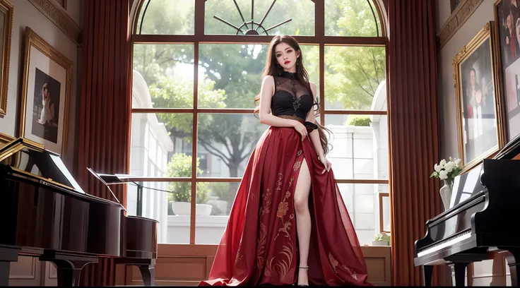 beautiful lighting, real life, beautiful 25 years old women, wear red color maxi skirt, stand beside piano, eye looking to camera , show full body view with legs, intricate, high detail, sharp focus, ultra realistic, 8K, masterpiece, best quality, high qua...