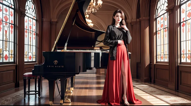 beautiful lighting, real life, beautiful 25 years old women, wear red color maxi skirt, stand beside piano, eye looking to camera , show full body view with legs, intricate, high detail, sharp focus, ultra realistic, 8K, masterpiece, best quality, high qua...