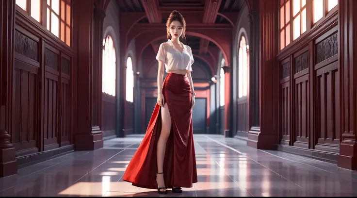 beautiful lighting, real life, beautiful 25 years old women, wear red color maxi skirt, stand beside piano, eye looking to camer...