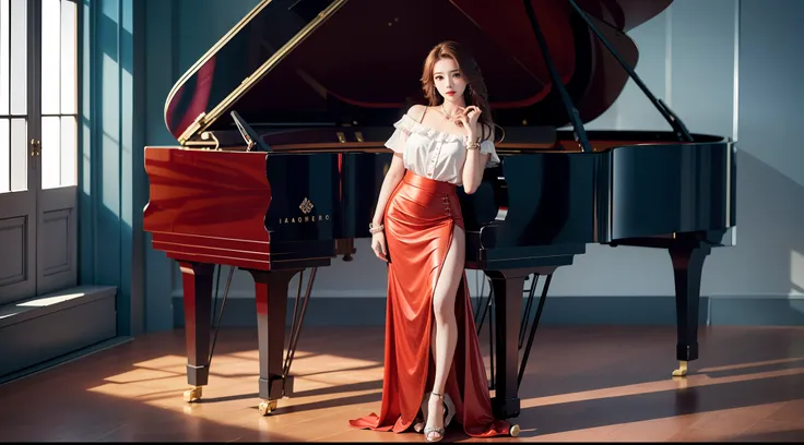 beautiful lighting, real life, beautiful 25 years old women, wear red color maxi skirt, stand beside piano, eye looking to camer...