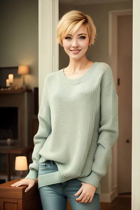 portrait woman in sweater in romantic living room、dramatic lighting、top half of body、facing your audience、beautiful woman short ...