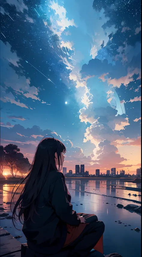 octans, sky, star (sky), scenery, starry sky, night, 1girl, night sky, solo, outdoors, building, cloud, milky way, sitting, tree...