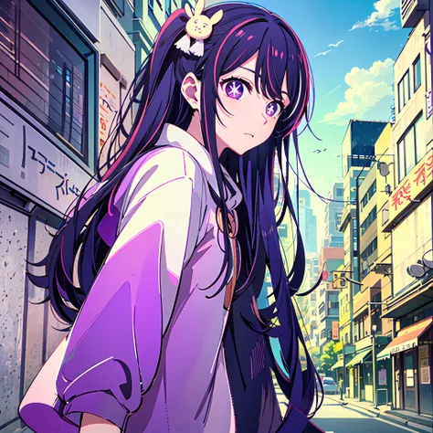 hoshino ai, long hair, purple hair, streaked hair ,purple eyes, star-shaped pupils, hair ornament, street, sky, upper body, (mod...