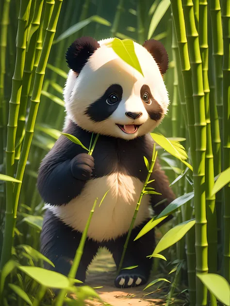 1 panda cub with a charming expression，standing in a bamboo forest，total body，hairy，leaf，no human，in the bamboo forest，more deta...