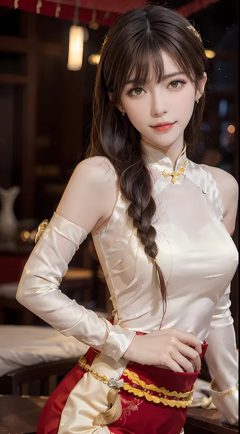 1 very pretty girl, solo, 27 years old, girl wearing bridal ao dai, long dress and hair jewelry, young girl wearing white ao dai, red and yellow silk pants, red and white hugging ao dai, thin ao dai fabric, wearing with ao dai, luxurious and mysterious dar...