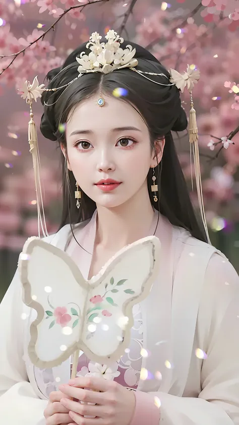 a woman in a white dress，holding a butterfly in his hand, palace ， a girl in hanfu, white hanfu, ((a beautiful fantasy empress))...