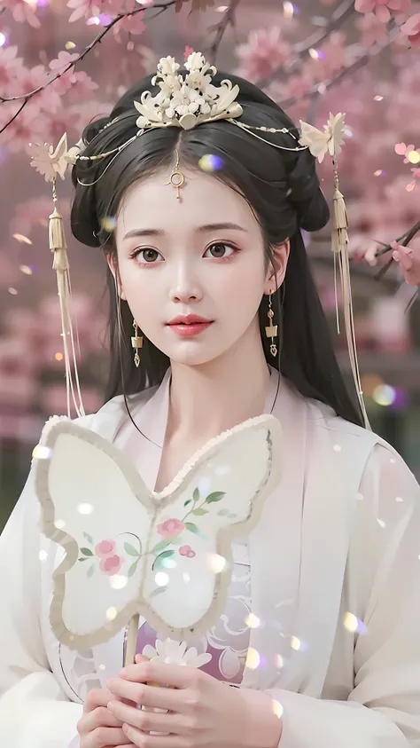 a woman in a white dress，holding a butterfly in his hand, palace ， a girl in hanfu, white hanfu, ((a beautiful fantasy empress))...