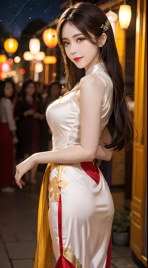 1 very pretty girl, solo, 27 years old, girl wearing bridal ao dai, long dress and hair jewelry, young girl wearing white ao dai...