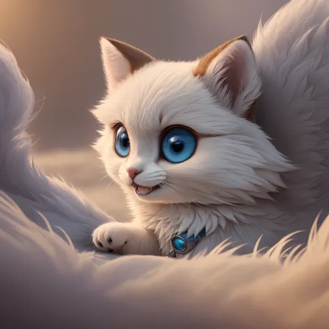 anime, gato branco com olhos azuis deitado em pele branca fofa, adorable digital painting, arte digital detalhada bonito, arte d...