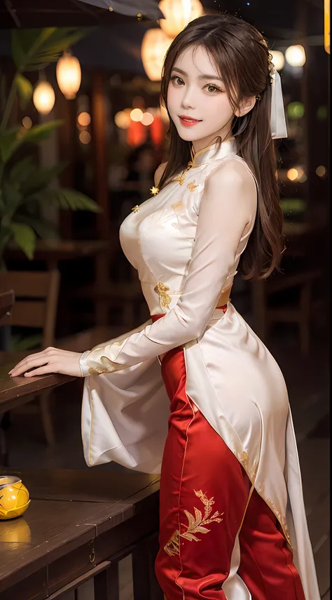 1 very pretty girl, solo, 27 years old, girl wearing bridal ao dai, long dress and hair jewelry, young girl wearing white ao dai...