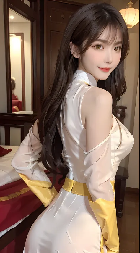 1 very pretty girl, solo, 27 years old, girl wearing bridal ao dai, long dress and hair jewelry, young girl wearing white ao dai...