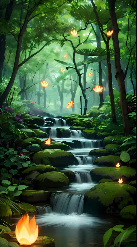 Masterpiece, highest quality, (highly detailed CG Unity 8K wallpaper), (highest quality), (best illustration), (best shadow), forest theme incorporating elements of nature. Surrounded by tall trees, quiet streams, glowing little mushrooms, delicate leaves ...