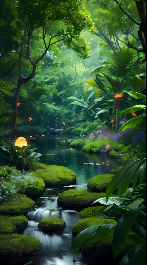 Masterpiece, highest quality, (highly detailed CG Unity 8K wallpaper), (highest quality), (best illustration), (best shadow), forest theme incorporating elements of nature. Surrounded by tall trees, quiet streams, glowing little mushrooms, delicate leaves ...