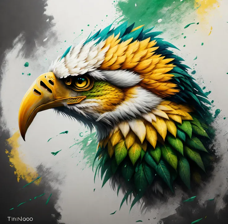 Painting of a green and yellow bird with a blue background, eagle head, Second Eagle Head, green head, inspirado em Victor Noble Rainbird, Sem estilo de arte Quetzecoatl, head of an eagle, feathered head, with an eagle emblem, desenhado em tinta Microsoft,...