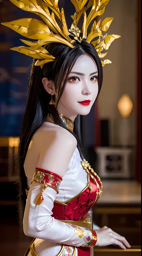 1 very pretty girl, walking alone, 27 years old, girl wearing a bridal gown, ao dai and hair jewelry, young girl wearing a white ao dai, red and yellow silk pants, red and white hugging ao dai, fabric long thin, wear with ao dai, luxurious and mysterious d...