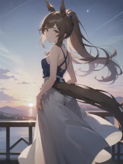 1girle, sunset, star sky,brown eye,1girle,long brown hair, Brown eyes, Master Masterpiece, sthe highest qualit, Uma Musume(Admire Vega), Pony tail,a ponytail,Grated hair, solo,,Natural lighting,VHS,Picturesque,(detailed face:1.2),showcase,(Perfect eyes:1....