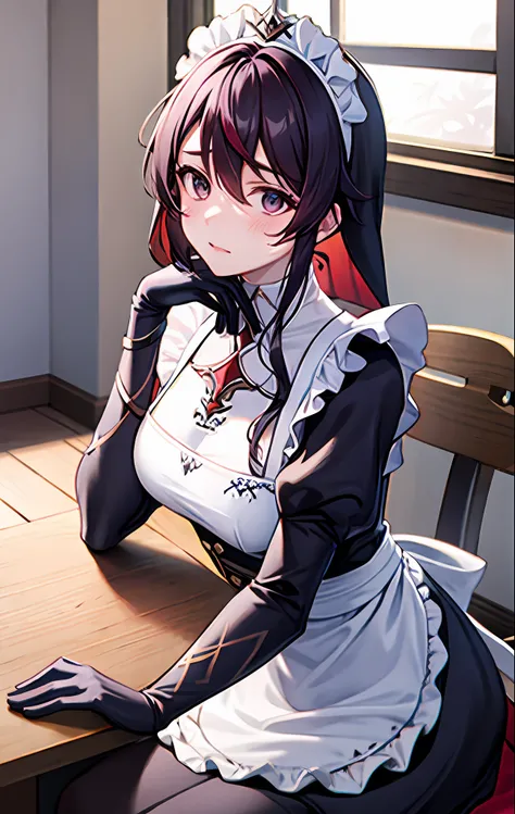 Rosaria, genshin impact, 1girl, apron, black_dress, blurry, blurry_background, blurry_foreground, blush, breasts, depth_of_field, dress, eyebrows_visible_through_hair, frills, gloves, hair_between_eyes, hand_on_own_cheek, hand_on_own_face, head_rest, indoo...