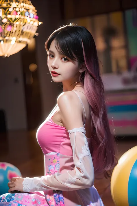 er jie, the girl's posture is smooth and dynamic, wearing a loose and flowing pink dress, a mysterious expression, curly black a...