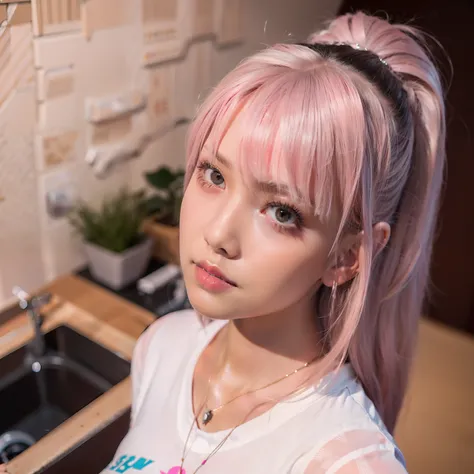 sks, high quality, looking at the camera, a girl, pink hair