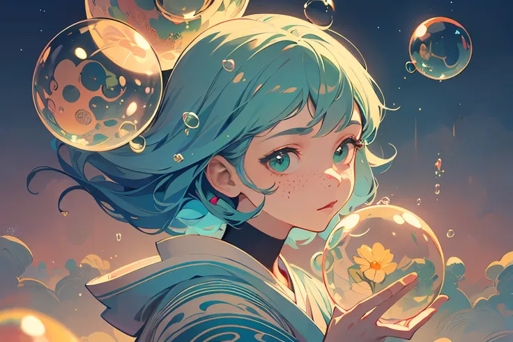 ((masterpiece)), ((ultra-detailed)), ((best quality)), beautiful detailed eyes, detailed face, best lighting, best shadows, 1girl, solo, ((classic Disney style, rim lighting, flat 2d style, Disney 2d)), ((main color is orange and green)), huge bubbles, (gi...