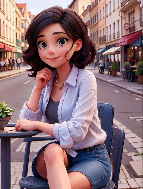 gorgeous french female sitting and having coffee outside on the side of the street at a little cafe, beautiful face, short black...