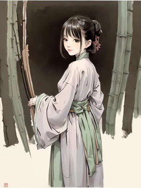 (masterpiece, best quality: 1.2), traditional chinese ink painting, 1 woman, standing, looking back, hanfu, willow branch, (smil...