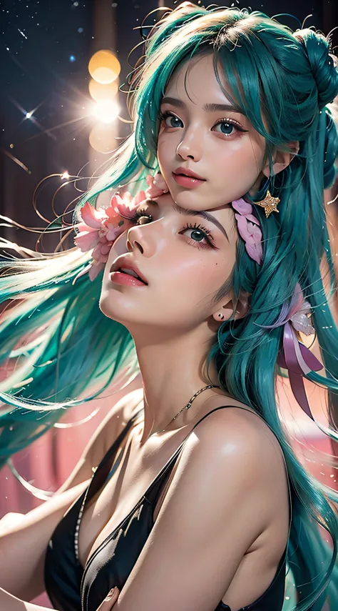 (((obra maestra))), Super detailed, Hatsune Miku, (flirtatious expression), Camisa kawaii, leggings ajustados, ((cara super linda y tierna)), ((cara angelical)), ((Incredibly beautiful eyes)), (ojos verdes luminosos), (cuerpo completo), (cabello luminoso),...