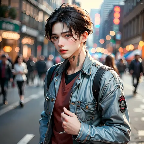 (Best quality),(HD 8K),(Realistic),A guy,Twenty-eight years old,Handsome face,(Walk the street),A group of people pointed at him,Background bokeh,(Jeizuo)
