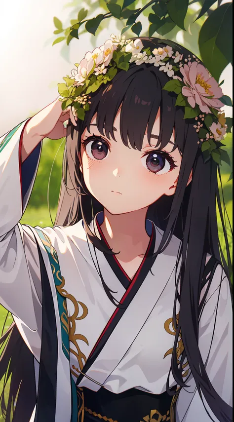 a close-up depicts a beautiful hanfu girl wearing a flower crown. her long hair flowed down, and her pretty face showed a cute c...