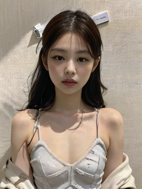 (1girle:1.3), solo,__body parts__, kim ji-ni jennie face，photographic lighting，slip dress，hollow，bandage，erogenous，strong contra...