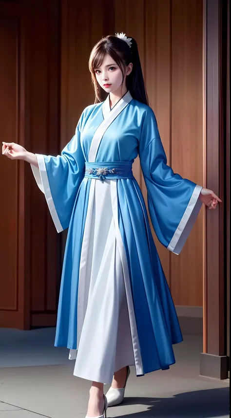 hanfu, national style 3.2, full body, walking posture, slow motion, men wear full body multi-layered (heavy robe: 1.2), (blue ic...