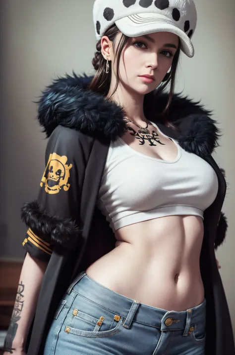 masterpiece, best quality, 8k,highestres, absurdres, extremely detailed, female trafalgar law, 1girl, 1sword, solo, looking at v...