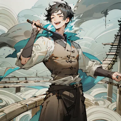 (Immortal level, high quality) lifelike ancient world, under the dark painting style, [male protagonist: (1 male)], Asian, black hair, laughing, next to a huge ancient Chinese bridge, filled with white mist.